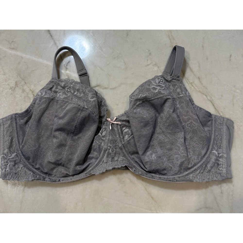 Cacique Gray Floral Lace Unlined Underwire Full Coverage Bra Pink Bow 50DD